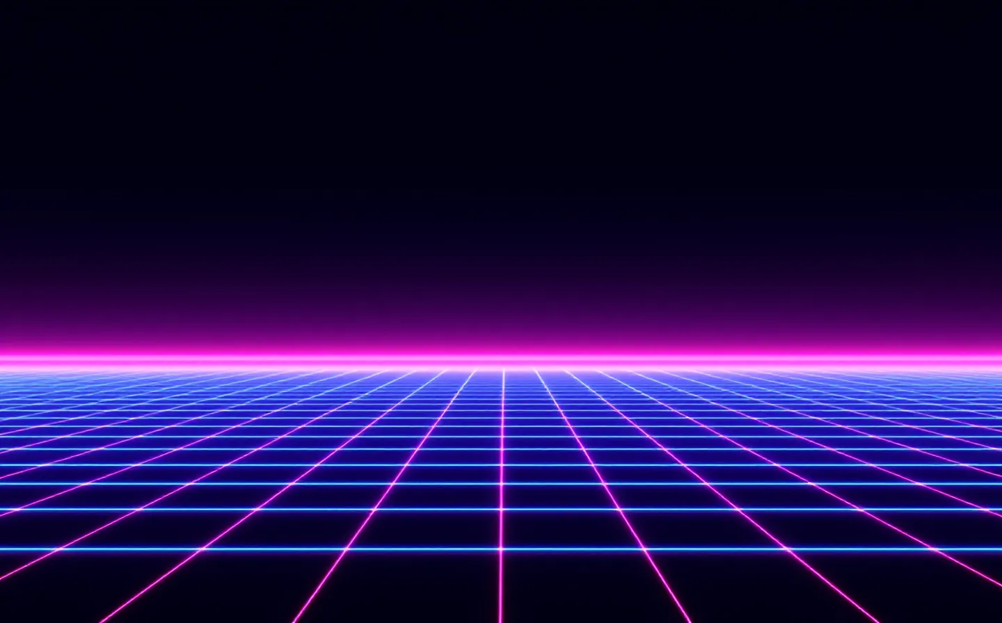 A synthwave neon wireframe of a three-bead Lys-Pro-Val peptide chain floating above a cyan 3D perspective grid floor with a magenta sunset horizon glow, on a deep violet-indigo ground